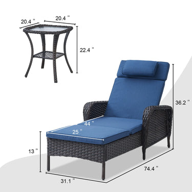 Brown wicker outdoor chaise lounge set with blue cushions, four adjustable 75-inch lounges and three side tables for patio comfort.