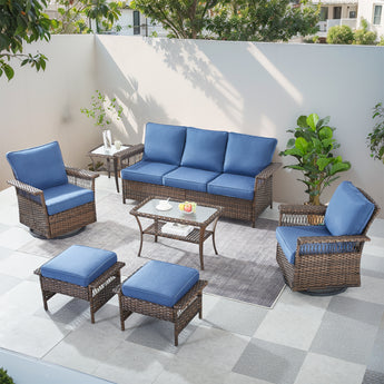 Patio Conversation Set 7-Piece with Sofa, Swivel Glider Chairs, Coffee Table, Side Table, and Ottoman, SS Series - Belord
