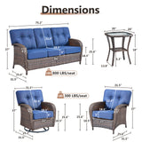 Brown all-weather PE wicker patio conversation set with blue cushions, includes 3-seater sofa, swivel rockers, chairs, and side table.