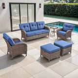 Belord T Series 5-piece patio set with brown PE wicker, blue cushions, includes 3-seater sofa, chairs, side table, and ottomans.