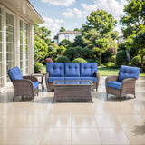 Belord luxury 5-piece patio conversation set with brown PE wicker, blue cushions, 3-seater sofa, chairs, side and coffee tables.