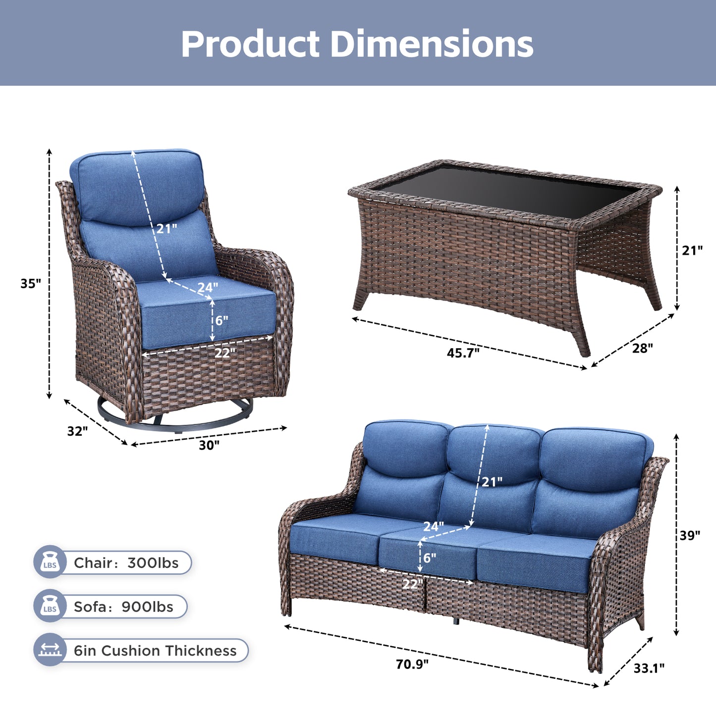 Premium 4PCS Patio Conversation Set for Backyard & Deck, Hand-Woven Rattan Sofa, Swivel Chairs & Coffee Table with 6" Cushions, NT Series