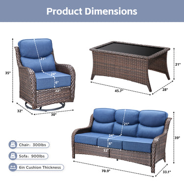Belord 4-piece patio wicker sofa set with blue cushions and swivel chairs, featuring brown wicker construction for outdoor seating.
