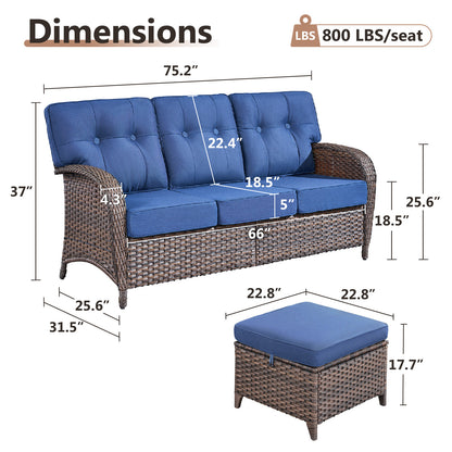 T Series 3-Piece Patio Set: 1 T-Back Sofa + 2 Ottomans – All-Weather PE Wicker with 5" Thick Cushions