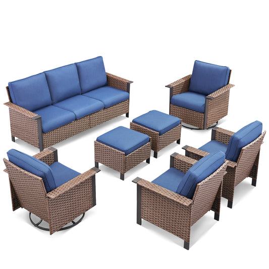 7-Piece All-Weather Wicker Patio Furniture Set: 1 Sofa, 2 Swivel Chairs, 2 Patio Chairs, 2 Ottomans, WNG Series