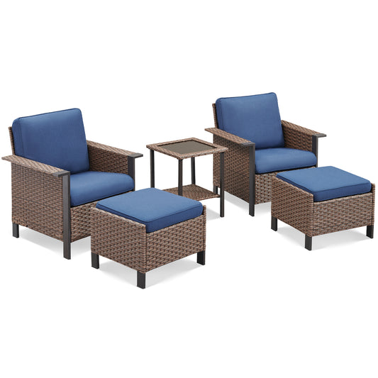 5-Piece Patio Set: 2 High-Back Wicker Patio Chairs, 2 Ottomans & 1 Glass Side Table, WNG Series