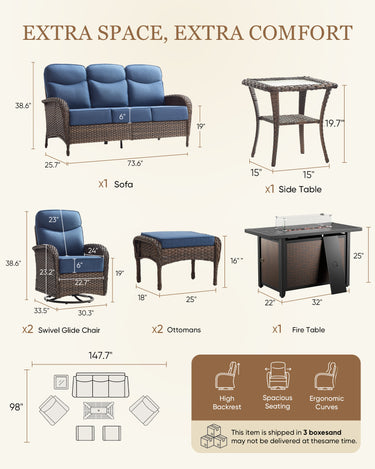 Luxury 7-Piece Patio Lounge Set with Metal Fire Pit Table & Ottomans – Deep Cushion Comfort for Deck Evenings, ND Series - Belord