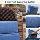 Belord outdoor patio recliner chair with extendable ottoman and foldable table, brown wicker frame with blue cushion.