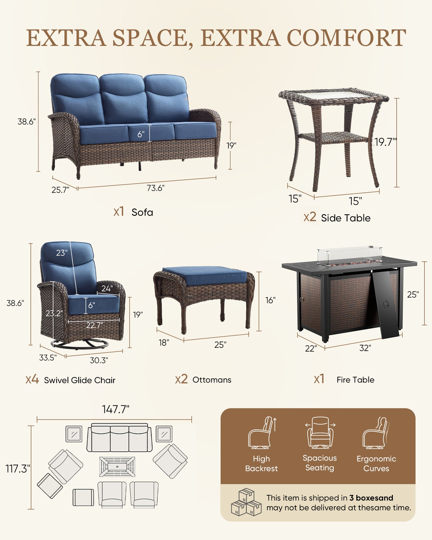 Premium 10-Piece Patio Furniture Set with Metal Fire Pit Table – High-Back Seating for Backyard Living, ND Series - Belord
