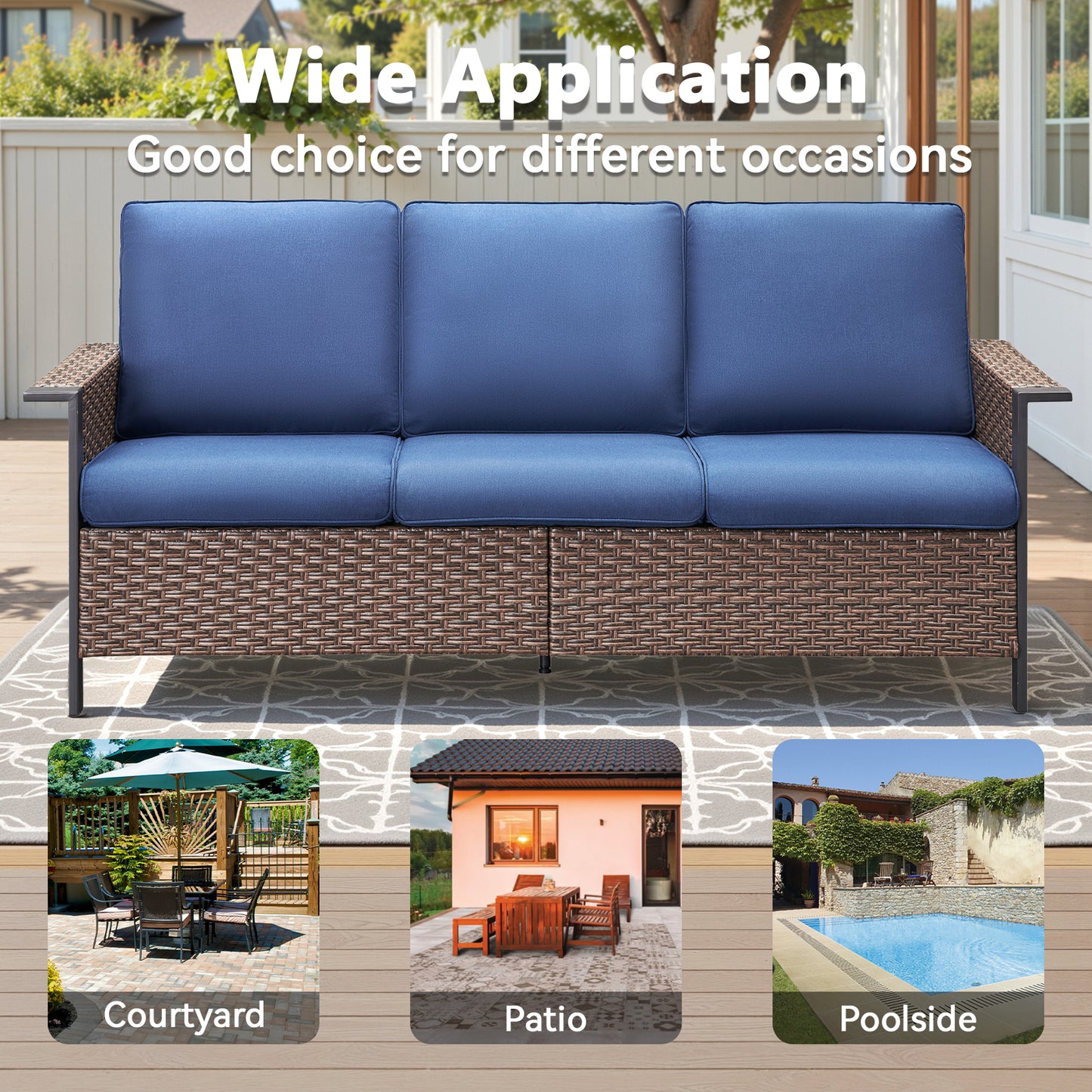 All-Weather Rattan Patio Sofa Set (3 PCS) — High-Back 3-Seater Deep Seat Couch with Ottomans, WNG Series