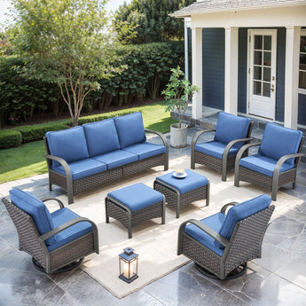 Patio Conversation Set 7-Piece with 1 Sofa, 2 Swivel Glider Chairs, 2 Patio Chairs, 2 Ottoman, HW Series - Belord