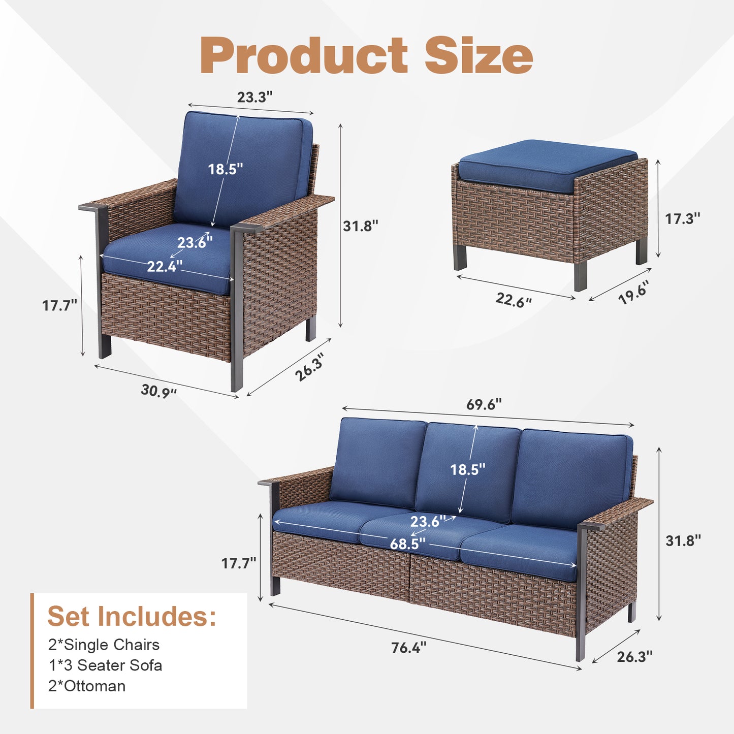 5-Piece All-Weather PE Wicker Conversation Set — Includes 1 Sofa, 2 Patio Chairs & 2 Ottomans with Cushions, WNG Series