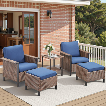 5-Piece Patio Set: 2 High-Back Wicker Patio Chairs, 2 Ottomans & 1 Glass Side Table, WNG Series