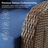 Belord outdoor patio recliner chair with extendable ottoman and foldable table, brown wicker frame with blue cushions.
