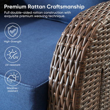 Belord outdoor patio recliner chair with extendable ottoman and foldable table, brown wicker frame with blue cushions.
