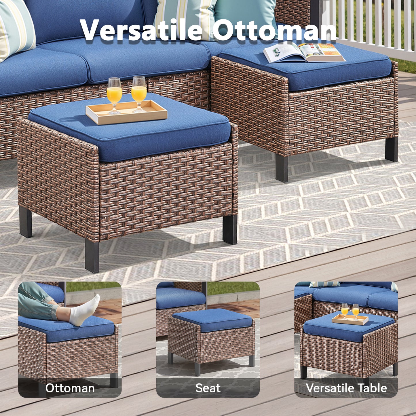 8-Piece Patio Set with Swivel Chairs: All-Weather Wicker 3-Seater Sofa, 2 Ottomans & Rattan Side Table, WNG Series