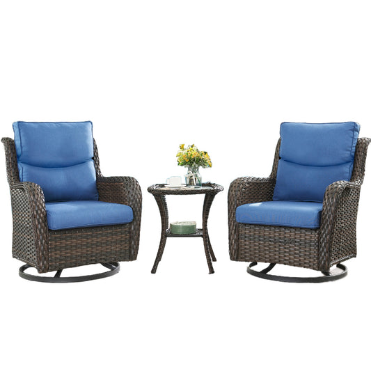 3-Piece Outdoor Rattan Swivel Glider Set: 2 Chairs + Side Table with 5" Thick Cushions – NTC Series