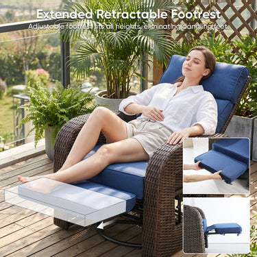 Belord outdoor patio recliner chair with brown wicker, blue cushion, extendable ottoman, and foldable table for relaxing outdoor setup.