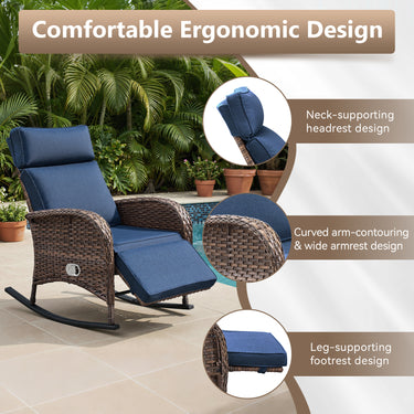 Outdoor Wicker Rocking Recliner Chair with Adjustable Backrest & Footrest, Cushioned PE Rattan Patio Lounge Chair, NDS Series - Belord