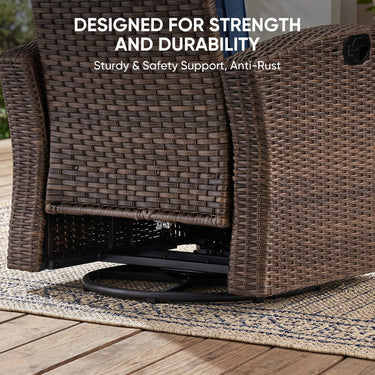 Brown wicker Belord outdoor patio recliner chair with blue cushion, extendable ottoman, and foldable table for outdoor relaxation.