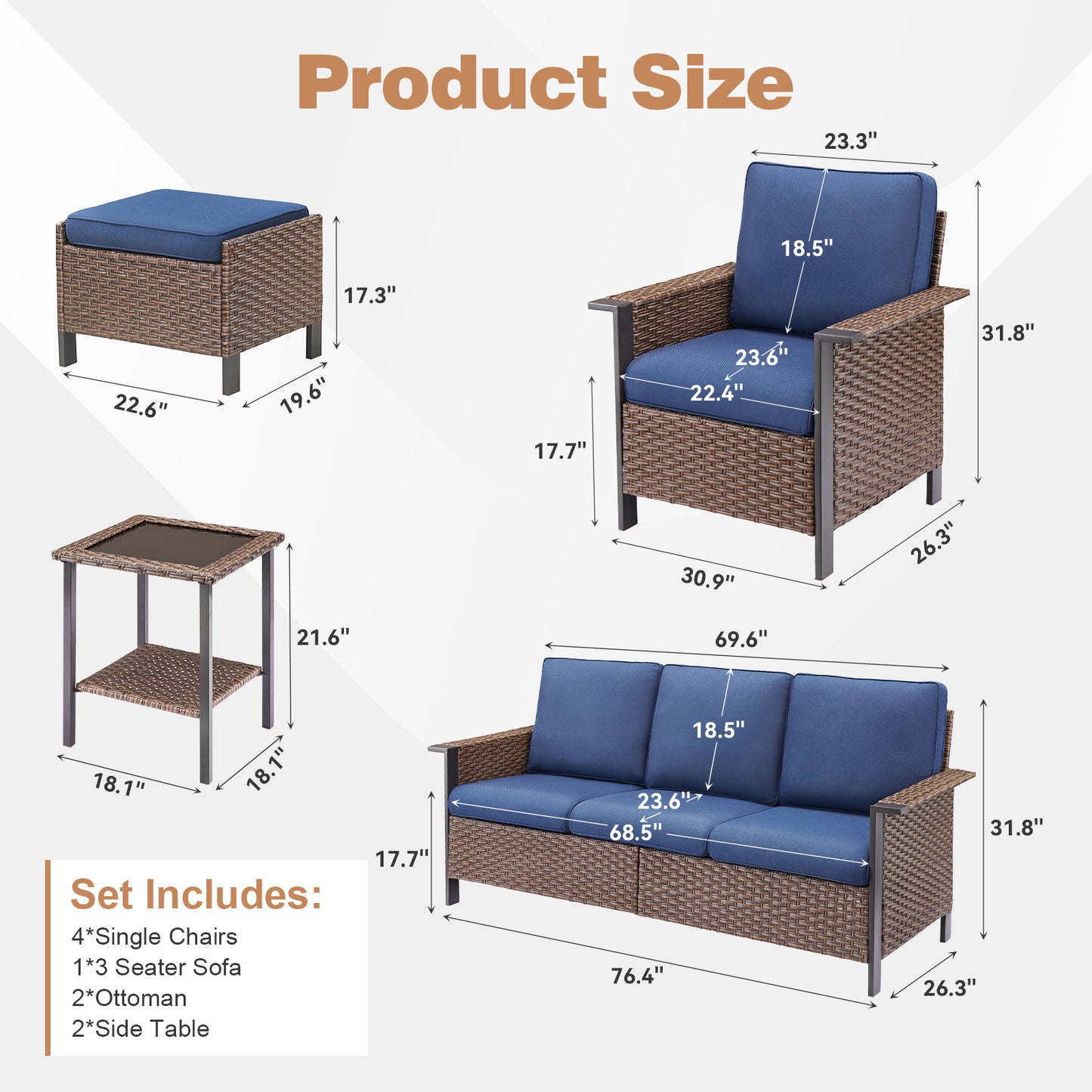 Expansive 9-Piece Conversation Group — Sofa, Quad Seating, Double Ottomans & Garden Accent Tables, WNG Series