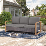 Belord deep-seat wicker patio sofa with brown wicker finish, grey cushions, and wood grain frame, 3-person outdoor conversation set.