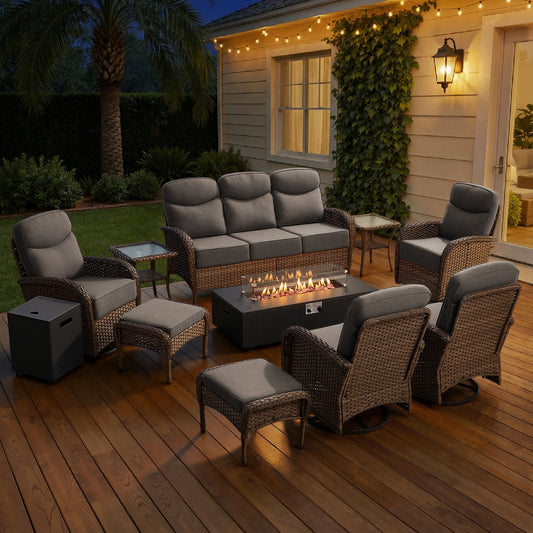 Luxury 10-Piece Patio Lounge Set with Split Fire Pit Table & Ottomans – Ultimate Outdoor Comfort, ND Series - Belord