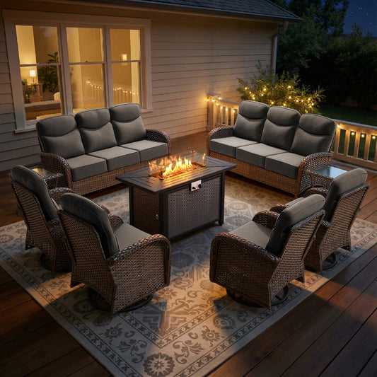 Spacious 9-Piece Patio Conversation Set with Metal Fire Pit Table – All-Weather Wicker Seating for Outdoor Gatherings, ND Series - Belord