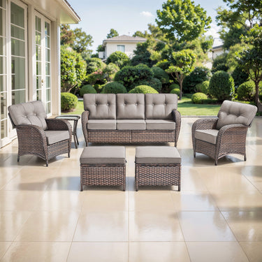 Belord T Series 5-piece patio set with brown wicker, grey cushions, including sofa, chairs, side table, and ottomans, all-weather design.