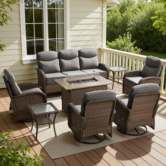 Luxury 8-Piece Rattan Patio Set with Wicker Fire Pit Table – Deep Cushion Comfort for Garden Evenings, ND Series - Belord