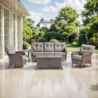 Belord luxury 5-piece patio conversation set with brown wicker, grey cushions, T-back chairs, and matching coffee and side tables.