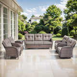 Belord luxury 6-piece patio conversation set with brown PE wicker, grey cushions, includes sofa, swivel rockers, chairs, and side table