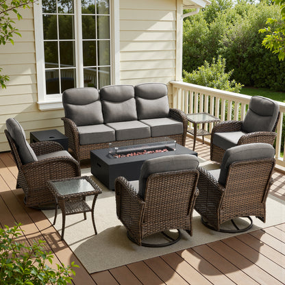 Spacious 8-Piece Patio Furniture Set with Split Fire Pit Table – High-Back Swivel Seating for Backyard Hosting, ND Series - Belord