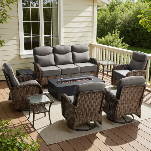Spacious 8-Piece Patio Furniture Set with Split Fire Pit Table – High-Back Swivel Seating for Backyard Hosting, ND Series - Belord