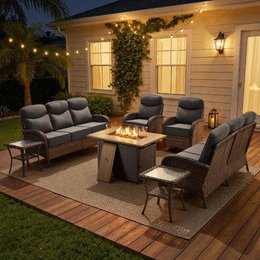 Luxury 7-Piece Rattan Patio Set with Wicker Fire Pit Table – Premium Seating for Patio & Backyard, ND Series - Belord