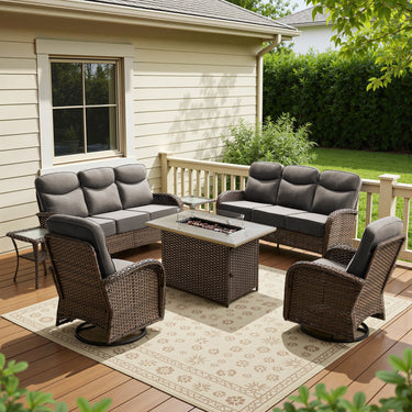 Luxury 7-Piece Rattan Patio Set with Wicker Fire Pit Table – Premium Seating for Patio & Backyard, ND Series - Belord
