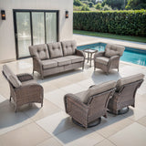 Belord luxury 6-piece patio conversation set with brown all-weather PE wicker, grey cushions, includes sofa, swivel rockers, chairs, and side table