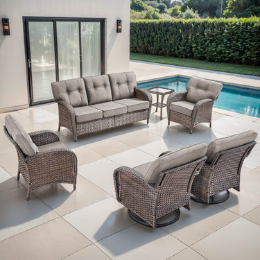 Belord luxury 6-piece patio conversation set with brown all-weather PE wicker, grey cushions, includes sofa, swivel rockers, chairs, and side table