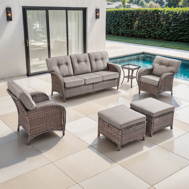 Belord T Series 5-piece patio set with brown PE wicker, grey cushions, includes 3-seater sofa, 2 chairs, side table, and 2 ottomans.