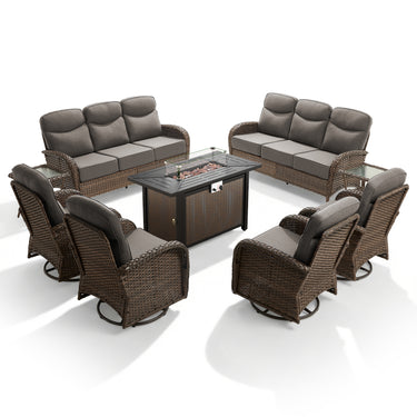 Spacious 9-Piece Patio Conversation Set with Metal Fire Pit Table – All-Weather Wicker Seating for Outdoor Gatherings, ND Series - Belord