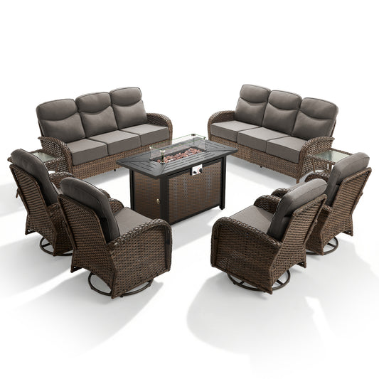 Spacious 9-Piece Patio Conversation Set with Metal Fire Pit Table – All-Weather Wicker Seating for Outdoor Gatherings, ND Series - Belord