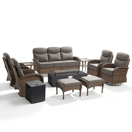 Luxury 10-Piece Patio Lounge Set with Split Fire Pit Table & Ottomans – Ultimate Outdoor Comfort, ND Series - Belord