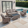 Belord luxury 5-piece patio conversation set with brown wicker, grey cushions, 3-seater sofa, 2 chairs, and tables.