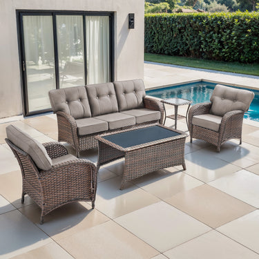 Belord luxury 5-piece patio conversation set with brown wicker, grey cushions, 3-seater sofa, 2 chairs, and tables.