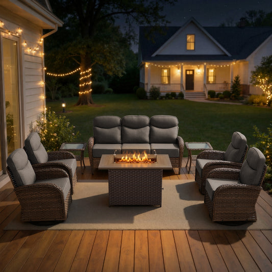 Luxury 8-Piece Rattan Patio Set with Wicker Fire Pit Table – Deep Cushion Comfort for Garden Evenings, ND Series - Belord