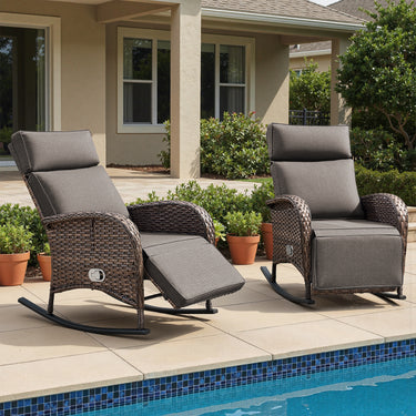 Premium 2-Piece Wicker Rocking Recliner Chair with Adjustable Backrest & Footrest, Cushioned PE Rattan Patio Lounge Chair, NDS Series - Belord