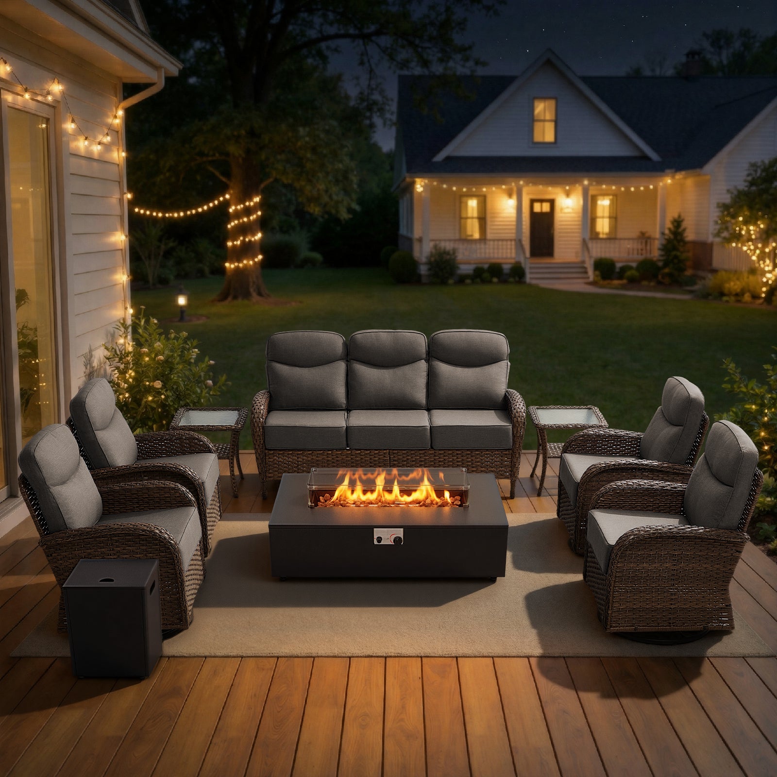 Spacious 8-Piece Patio Furniture Set with Split Fire Pit Table – High-Back Swivel Seating for Backyard Hosting, ND Series - Belord