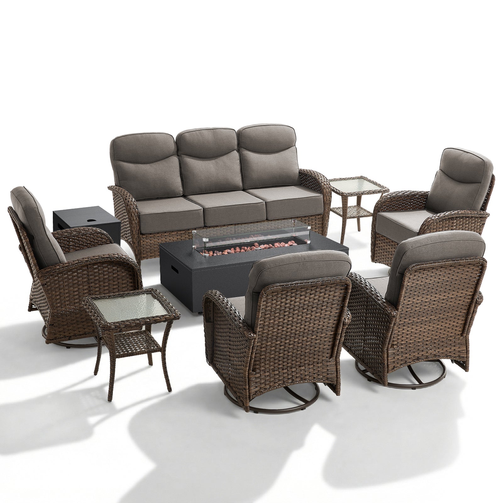 Spacious 8-Piece Patio Furniture Set with Split Fire Pit Table – High-Back Swivel Seating for Backyard Hosting, ND Series - Belord