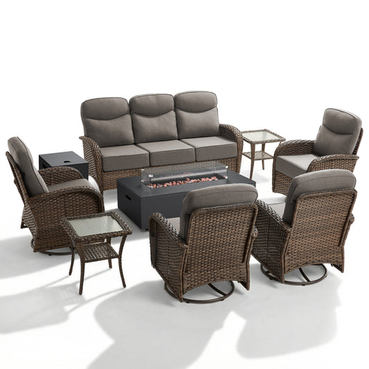 Spacious 8-Piece Patio Furniture Set with Split Fire Pit Table – High-Back Swivel Seating for Backyard Hosting, ND Series - Belord
