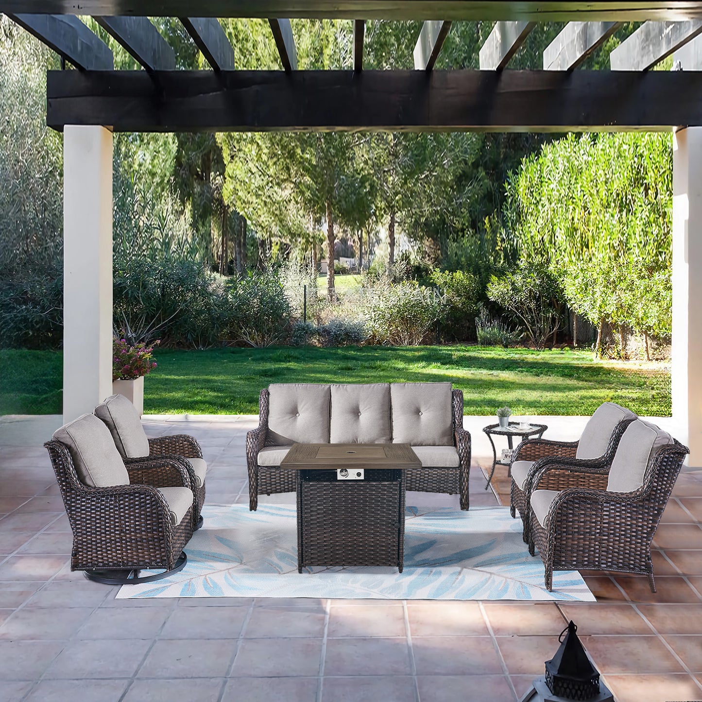 Patio Conversation Set 7-Piece with Fire Pit Table, Swivel Glider Chairs, Patio Chairs, Sofa and Side Table, NTC Series